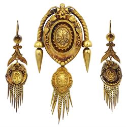 Victorian gold tassel brooch, with beaded, rope and foliate decoration and glazed panel reverse, with a pair of matching pendant earrings