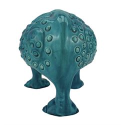 Burmantofts Faience turquoise-glaze spoon warmer modelled as a grotesque three-legged toad, inset glass eyes, with impressed factory marks beneath, model no. 585, H17.5cm x L21cm approx. 