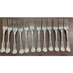 Suite of 19th century Kings Husk pattern silver cutlery comprising twelve dessert spoons, twelve dessert forks, twelve tablespoons, sixteen table forks, ten teaspoons, soup ladle, fish slice and a pair of sauce ladles, various dates London 1836-1851 Maker George Angell but six table forks by different makers 175oz. All with the Feversham crest and probably supplied to the 2nd Baron Feversham (1798-1867)