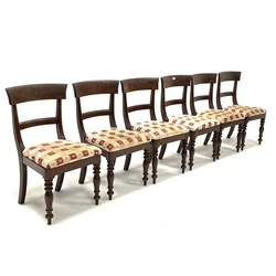 Set six Victorian plum pudding mahogany rail back dining chairs, with drop in upholstered seat pads and turned front supports, W47cm