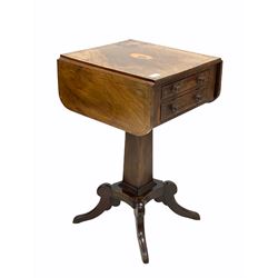 19th century mahogany drop leaf work table, the top centred with fan inlay and bordered with satinwood band, two drawers opposite two faux drawers, raised on a string inlayed square tapered column leading to quatrefoil base W43cm