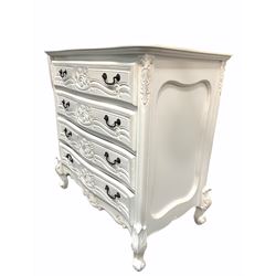 French style white serpentine chest, fitted with four drawers over shaped apron raised on scrolled acanthus moulded cabriole supports W96cm, H100cm, D56cm