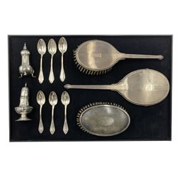 Set of six Russian silver tea spoons engraved with a monogram, silver vase shape pepperette Chester 1907, another Chester 1920, silver backed brush and hand mirror and one other brush