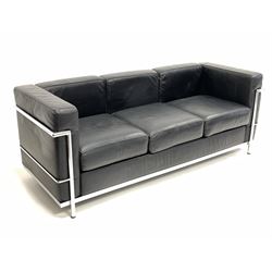 After Le Corbusier - Mid to late 20th century LC2 three seat sofa, with chrome frame and brown leather upholstered arm rests and loose cushions W182cm, H68cm, D70cm