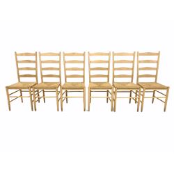 Set of six 20th century stripped beech dining chairs, with string seats, raised on turned supports with stretchers W45cm