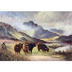 F G Radford (British early 20th century): Highland Cattle Watering, oil on board signed and dated 1925, 35cm x 50cm
