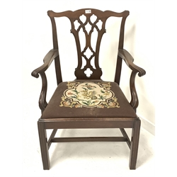 Georgian style mahogany carver armchair, shaped cresting rail over a carved and pierced splat, scroll carved arm terminals and shaped arm supports, on square moulded supports jointed by H shaped stretcher, total width - 70cm, seat width - 59cm
