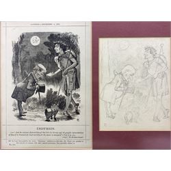 Sir John Tenniel (British 1820-1914): 'Leo His Own Master' and 'Endymion', pair original sketches signed with monogram framed with respective prints by Joseph Swain (British 1820-1909) in punch magazine 24cm x 18cm (2)