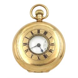 Early 20th century 9ct gold half hunter keyless Swiss lever pocket watch, movement signed Buren, white enamel dial with Roman numerals, case by Dennison, Birmingham 1929