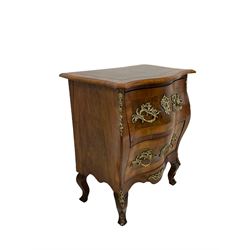 French style walnut and serpentine bombe chest, fitted with two drawers, raised on cabriole supports with gilt metal mounts W67cm, H81cm, D45cm 