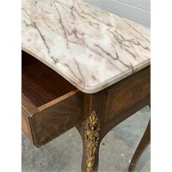 French style walnut and beech console table of serpentine form, the moulded white variegated marble top over two drawers, raised on cabriole supports with gilt metal mounts and sabot feet W106cm