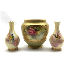 Edwardian Royal Worcester vase having four painted reserve panels decorated with roses interspersed by moulded Neo-classical decoration, circa 1907 H13cm and a pair of Lock & Co. Worcester bird decorated vases (3)