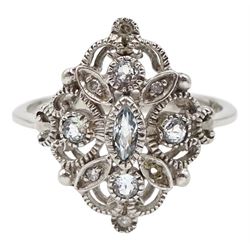 9ct white gold milgrain set diamond and aquamarine filigree ring, hallmarked