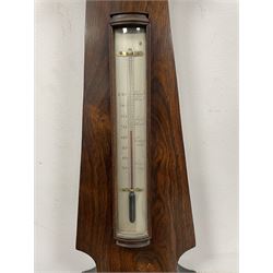 Victorian mercury syphon tube hall barometer c1870 in a rosewood case with a 12” register, makers plaque inscribed “T H Doublet, 6 Moorgate Street, Bank manufactory, 7 City Road”
Angular case with a swan’s neck pediment and flat base, incorporating a hygrometer, bowfronted Fahrenheit spirit thermometer, level bubble and recording button, engraved silvered register recording barometric air pressure from 28 to 31 inches with weather predictions, with a steel indicating hand and brass recording hand within a cast brass bezel and convex glass.

T.H. Doublet were manufacturer of spectacles, barometers, thermometers,      Philosophical Instruments and photographic equipment; 1849-1900, based at 7 City Road, London (1853-68) 6-7 Moorgate Street, London (1861-78) and 11 Moorgate Street, London (1878-1900).

