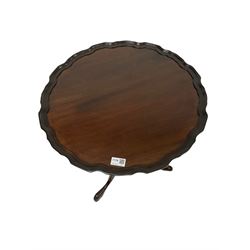 Circular mahogany occasional table, the tilt top over turned column, raised on splayed supports W52cm