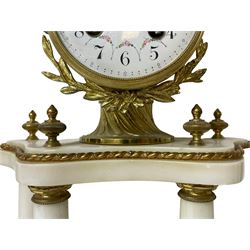 French white marble and gilt-metal striking portico mantel clock and garniture, circa 1910, with four free-standing columns above a shaped plinth base on four feet, gilt metal drum case surmounted by two small nesting birds, convex enamel dial with floral garlands and Arabic numerals, gilt Louis XV hands and minute markers, 8-day outside countwheel striking movement striking the hours and half hours on a bell, with a sunburst pendulum and matching pair of garniture urns with conforming decoration.