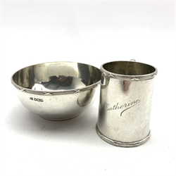  Silver christening cup and bowl, the cup inscribed 'Catherine' by Walker & Hall, Sheffield 1928, approx 9oz  