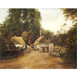 F Farquhar (British 19th/20th century): Cockington Forge Torquay, oil on canvas signed 39cm x 49cm, together with a 20th century postcard of the same view