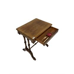 Victorian walnut worktable, fitted with one frieze drawer and well beneath, over four turned columns, terminating in ceramic castors W56cm, H70cm, D43cm 
