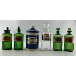 A collection of Victorian pharmaceutical/apothecary glass bottles and pottery jar, the clear glass bottle with faceted stopper labelled 'Pulv: Rad: Iridis' H25.5cm and blue pottery jar labelled 'Conf: Sennæ' both produced by the York Glass Company, four green ribbed glass bottles labelled 'Liq: Opii Sed:', 'Sp: Chlorofor:', Ext: Opii Liq: P: B:' and 'Zinc Sulph.', together with thirteen clear glass bottles labelled 'Digestive Lozenge', 'Tinct: Myrrhæ', Syr: Ficus.', Liq. Iodi. Mit.', 'Inf: Senegæ', 'Pulv: Sapo: Cast:', 'Tinct: Zingib: Fort:', 'Magn: Carb: Lev:', 'Liq: Quin: Amm:', 'Spt: Ammon: Co:', 'Creta Præpar:', 'Ol: EucalypT:' and 'Acet: Rubi: Idæi:' (19)