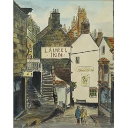 Jack Rigg (British 1927-): 'The Laurel Inn Robin Hood's Bay', watercolour and ink signed, titled and dated 1964 on label verso 46cm x 37cm