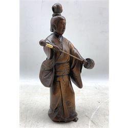 Japanese carved wood standing figure holding a staff, signed, H25cm and a Japanese bronze campana vase with engraved decoration H15cm (2)