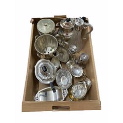 Silver-plated tea set, moulded glass claret jug with silver-plated mounts, ice bucket, pair of candlesticks, biscuit barrel etc in one box