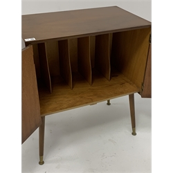 1950s walnut veneered LP cabinet with brass handles and angular legs, W61cm