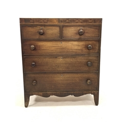 Mid 19th century mahogany chest fitted with two short and two long drawers, with string inlay to frieze, raised on bracket supports, W117cm, H125cm, D48cm