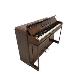 Kemble Minx upright miniature piano, iron framed and overstrung in a mahogany case W135cm, H90cm, D55cm 