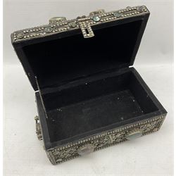 Indian Vizagapatam style box, decorated with wirework scrolls and hardstones L31cm