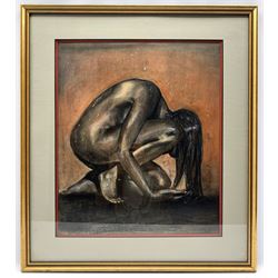 French School (Contemporary): 'Birth', Charcoal drawing of a nude female kneeling in the rain unsigned, titled verso 53cm x 38cm