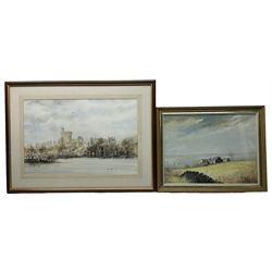 David Webb (British Contemporary): Windsor Castle from the Thames, watercolour signed and dated 89, 37cm x 56cm; Jo Dollemore (British Contemporary): Farmhouse in the Chiltern Hills, oil on board signed and dated 1996, 34cm x 45cm (2)