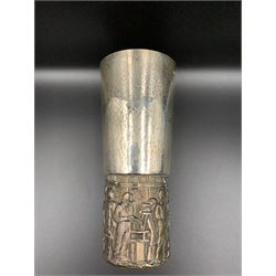 AURUM - The York Minster goblet by Hector Miller for Aurum, London 1972, limited edition 211/500, of tapered cylindrical form, the bowl of plain silver with planished finish, the gilt foot with cast and chased decoration depicting the restoration of York Minster 16.5cm, approximate weight 17.14 ozt with original fitted box and paperwork