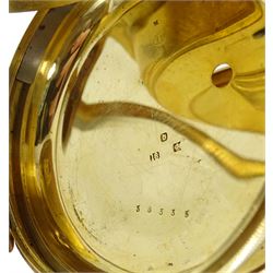 18ct gold open face lever fusee pocket watch by Fattorini & Sons, Bradford, No. 38335, engraved balance cock with flower decoration and diamond endstone, stop/work lever, cream enamel dial with Roman numerals and subsidiary seconds dial, case by Thomas Russell, Chester 1867