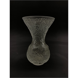 Lalique 'Arabesque' frosted glass vase, moulded with birds amongst foliate scrolls, etched mark beneath, H13.5cm