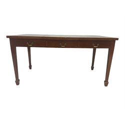 20th century mahogany writing library table, rectangular top with leather inset, fitted with three drawers, in square tapering supports with spade feet