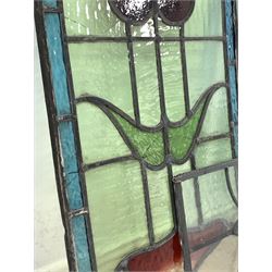 Pair of leaded stained glass window panels (68cm x 40cm) together with another pair of stained glass leaded (52cm x 33cm) a circular panel (D41cm) and another (108cm x 25m) (6)