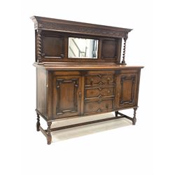 Early 20th century oak sideboard, the raised back with cornice over blind fret carved frieze, two geometric panels and bevelled mirror flanked by spiral turned supports, two cupboards and three drawers under, raised on spiral turned and block supports united by stretcher W152cm