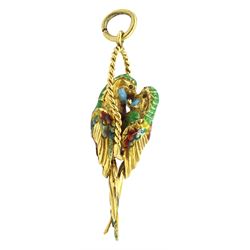 18ct gold and enamel embracing parrots pendant, Birmingham import marks 1964