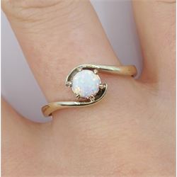 9ct white gold single stone opal crossover ring, hallmarked