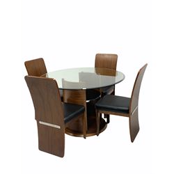 Contemporary dining table, the circular bevelled plate glass top, raised on a walnut veneered pedestal base with under tier (D120cm, H76cm) together with set four walnut veneered high back dining chairs with leather upholstered seats (W45cm)