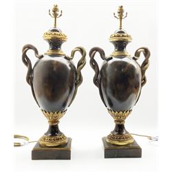 Pair of Regency style table lamps, baluster marble effect body having entwined serpent handles and acanthus leaf decoration on square plinth base, H73cm overall 