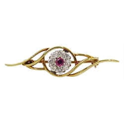 18ct gold ruby and diamond cluster brooch