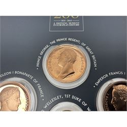 The Battle of Waterloo 1815 2015 commemorative coin collection including 14ct gold coin, housed in the information card folder 