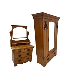 Edwardian satin walnut wardrobe with one central mirror and interior fitted for hanging, together with a satin walnut mirror backed dressing chest with three graduated drawers 