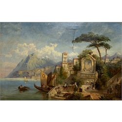 John Bell (British 1812-1895): Italianate Capriccio Landscape with Sailing Boats and Figures, oil on canvas signed 59cm x 89cm 