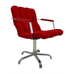 Mid-20th century design polished metal swivel office desk chair, the seat and back in padded sections upholstered in red fabric, five-spoke base
