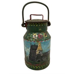 Miniature 2 gallon painted milk churn, green background with central painted church landscape, floral borders and neck, with lid and handle
