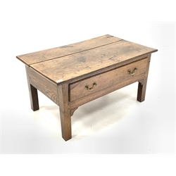 Antique elm coffee table, square top over single drawer with brass drop handles, raised on square supports 